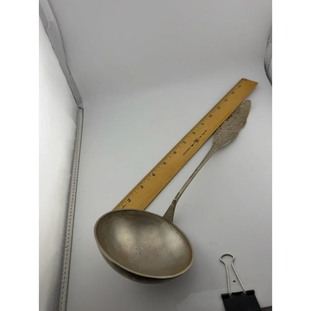 Large Art Deco Silver Tone Soup Ladle Vintage Embossed Handle Serving Piece
